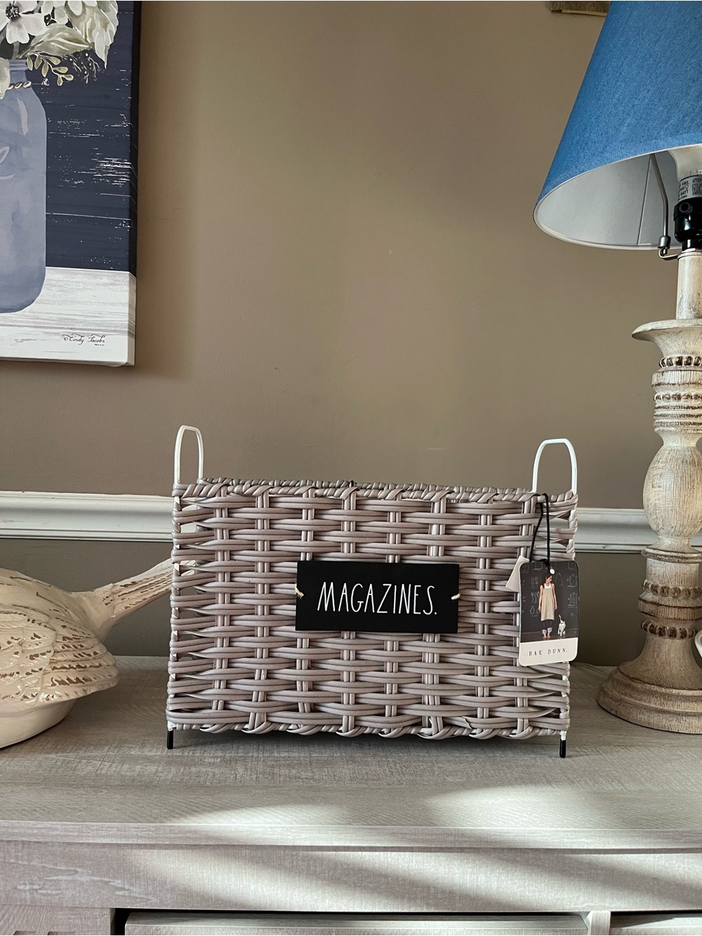 Rae Dunn Beige-Gray Woven Magazine Basket with Handles